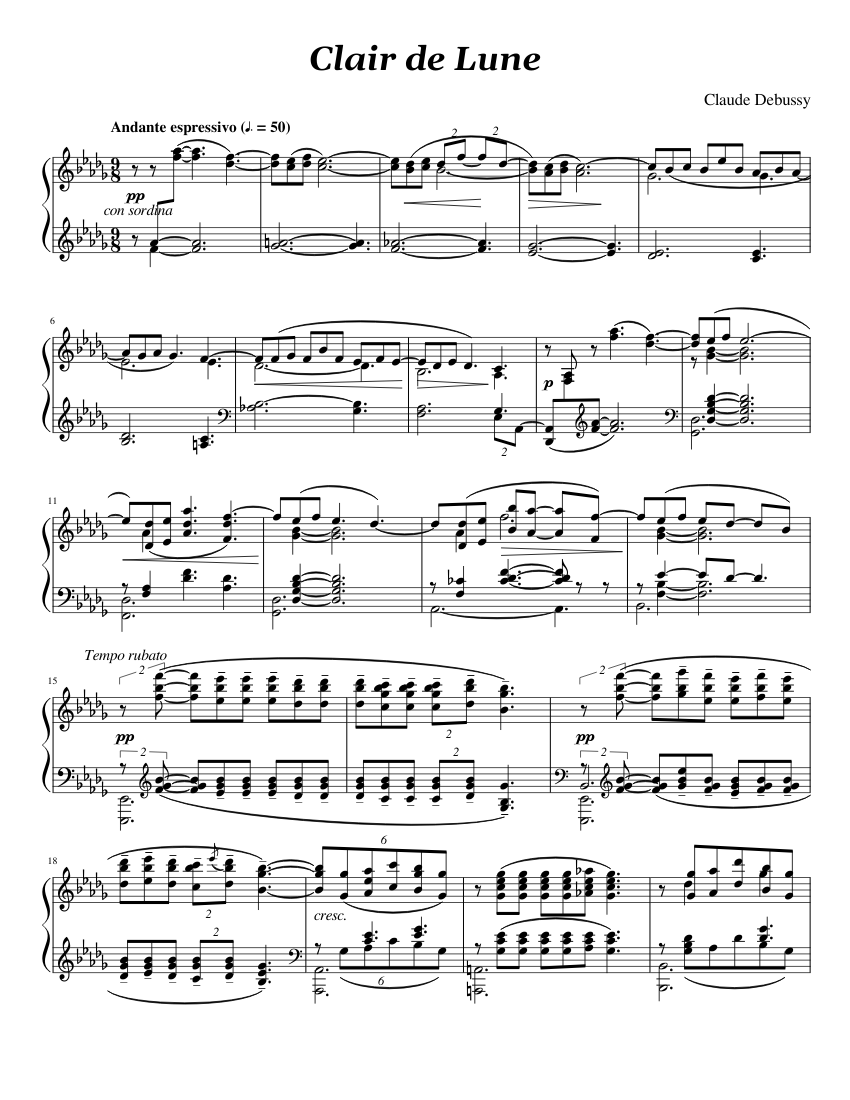 Clair de lune - Claude Debussy Sheet Music for Piano (Solo