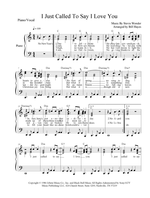 I Just Called To Say I Love You (Arr. Bill Hayes) - Stevie Wonder (Piano-Vocal-Guitar (Piano Accompaniment))