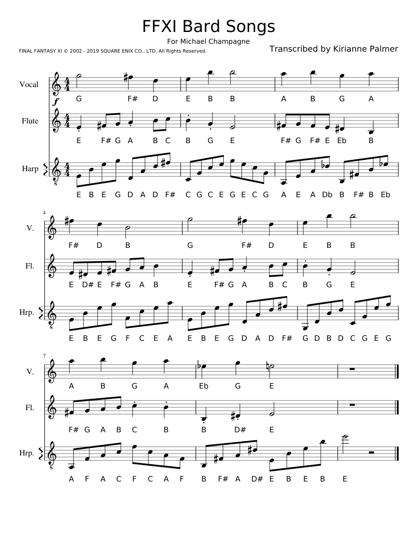 FFXI Bard Songs Sheet music for Piano, Flute, Harp (Mixed