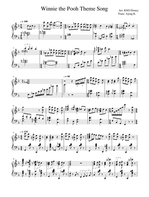 Winnie the Pooh Theme for Piano - Arr. KNO Disney