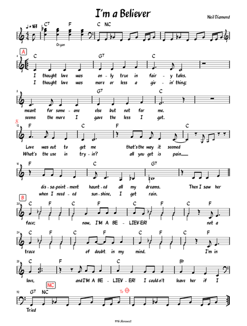 I'm a Believer (Lead sheet with lyrics and accompaniment )