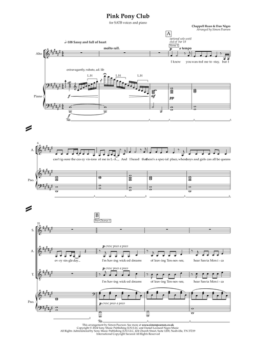 Pink Pony Club (Arr. Simon Pearson) - Chappell Roan (Choral, SATB)