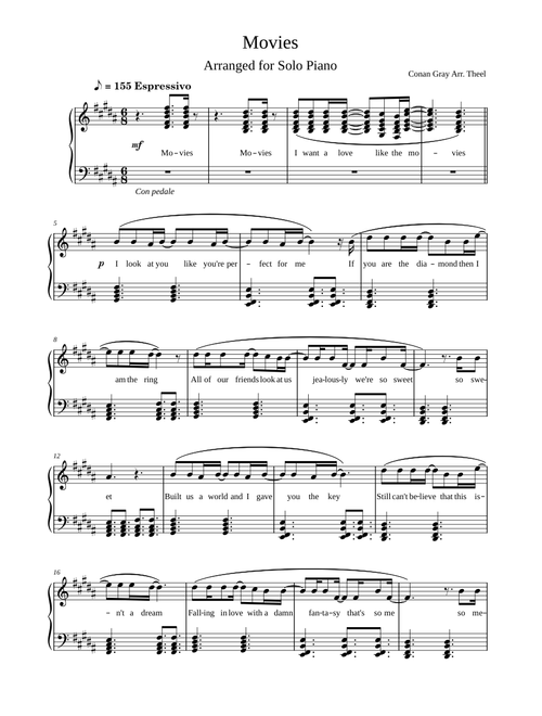 Movies – Conan Gray Movies, Arranged for Solo Piano / Gray Arr. Theel