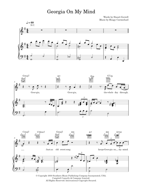Georgia On My Mind - Hoagy Carmichael, Ray Charles, Willie Nelson (Piano-Vocal-Guitar (Piano Accompaniment))