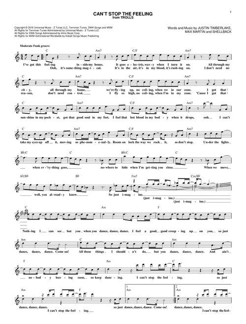 Can't Stop The Feeling - Justin Timberlake (Lead Sheet - Fake Book)