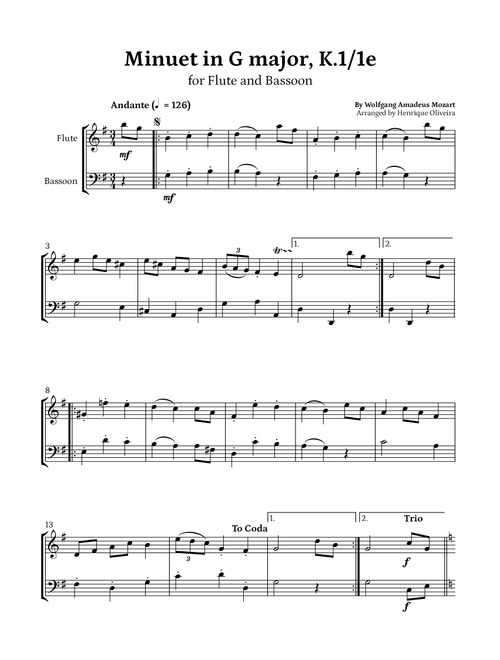 Minuet in G major, K.1/1e (Flute and Bassoon) - W. A. Mozart (Arr. Henrique Oliveira) - Wolfgang Amadeus Mozart (Instrumental Duet)