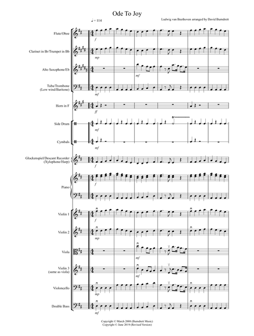 Ode To Joy for Flexible School Ensemble/Orchestra (Arr. David Burndrett) - L.V. Beethoven (Large Ensemble)