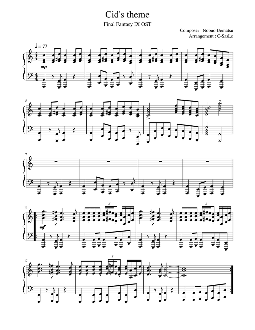 ファイナルファンタジーⅨ 9 楽譜 FINAL FANTASY IX ピアノ Melodies of life - Solo Piano - Final Fantasy 9 Sheet Music