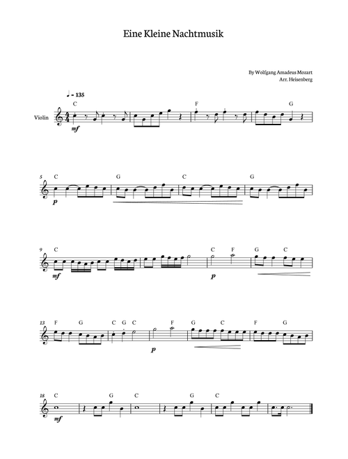 Eine Kleine Nachtmusik for violin solo (Arr. Heisenberg) - W A Mozart (Violin Solo)