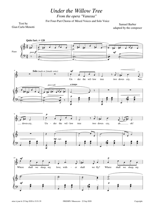 Vanessa, Opera, Under the Willow Tree (Bass 1 voice) – Samuel Barber