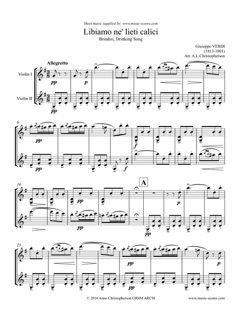 Verdi: Libiamo ne lieti calici - Brindisi from La Traviata - 2 Violins (Arr. Anne L Christopherson GRSM ARCM) - Verdi Giuseppe (Violin Duet)