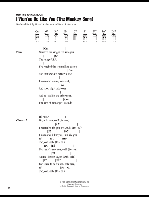 I Wan'na Be Like You (The Monkey Song) (from The Jungle Book) - Sherman Brothers, Robert B Sherman, Richard M Sherman (Ukulele Chords-Lyrics)