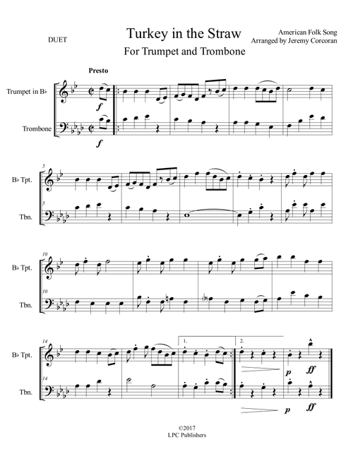 Turkey in the Straw For Trumpet and Trombone (Arr. Jeremy Corcoran) - American Folk Song (Instrumental Duet)