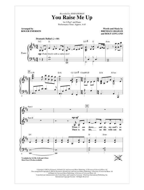 You Raise Me Up (arr. Roger Emerson) - Josh Groban (Choral, 2-Part)