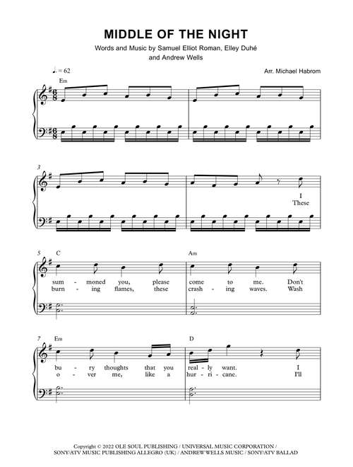 Middle Of The Night (Arr. Michael Habrom) - Elley Duhe (Easy Piano)