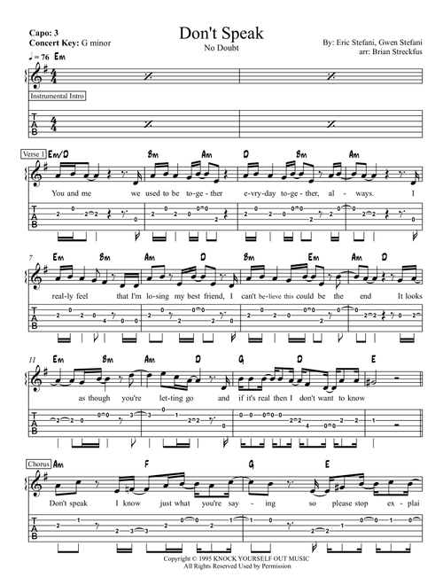 Don't Speak (Arr. Brian Streckfus) - No Doubt (Guitar Tab with Voice)
