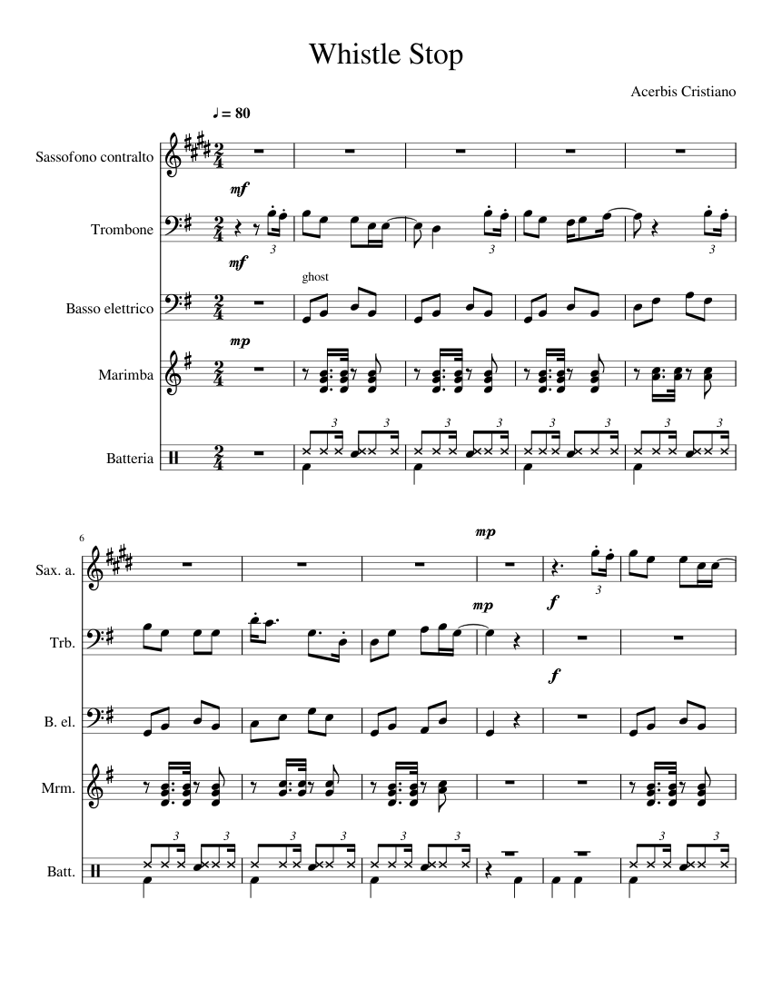 Whistle stop Roger Miller Sheet music for Trombone Saxophone alto Bass guitar Drum group more instruments Mixed Quintet Musescore