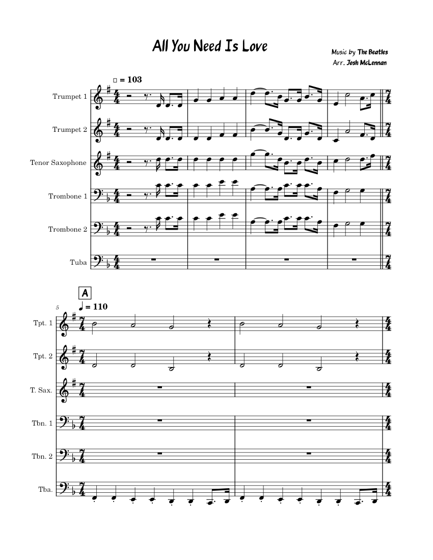 All You Need Is Love - The Beatles [Brass Band Arrangement] Sheet