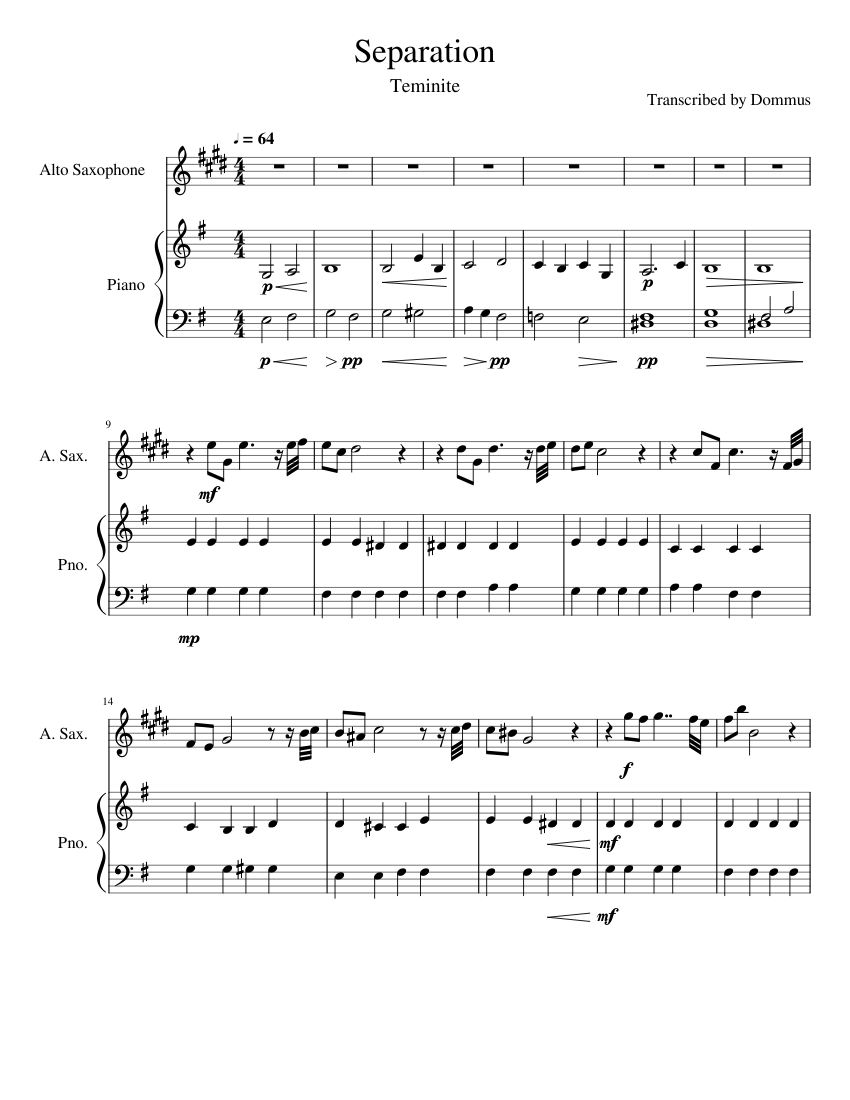 Teminite - Separation Sheet music for Piano, Saxophone alto (Solo ...