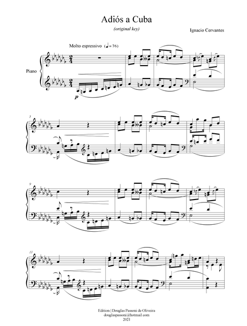 Farewell to Cuba (Adiós a Cuba) (original key) (Arr. Passoni Music) - Ignacio Cervantes (Piano Solo)