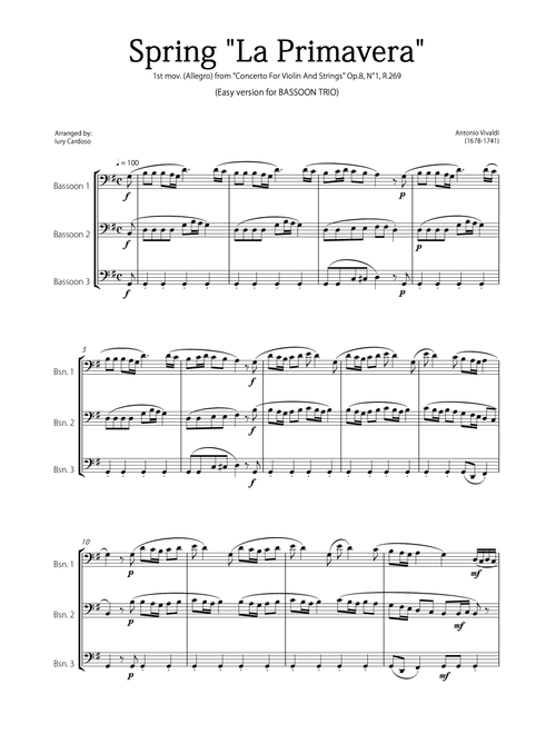 "Spring" (La Primavera) by Vivaldi - Easy version for BASSOON TRIO (Arr. Iury Cardoso) - Antonio Vivaldi (Woodwind Ensemble)