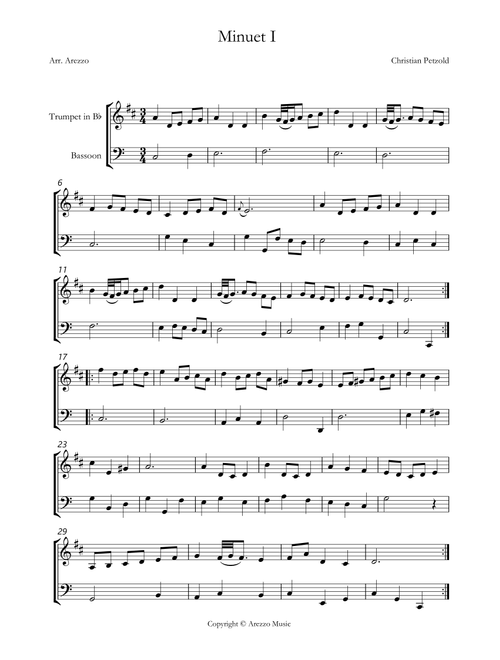 bach bwv anh 114 minuet in g Trumpet and Bassoon sheet music with ornaments (Arr. Arezzo Music) - J S Bach (Instrumental Duet)