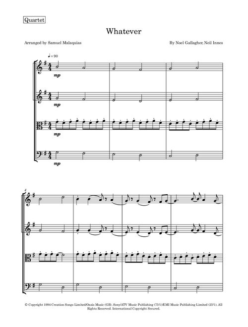 Whatever (Arr. SAMUEL DE SOUZA MALAQUIAS) - Oasis (String Quartet)