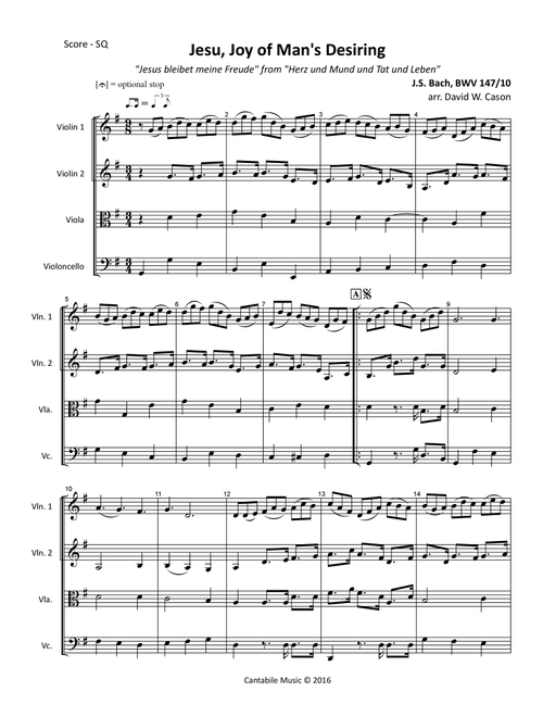 Jesu, Joy of Man's Desiring BWV 147-10 (Bach) STRING QUARTET (Arr. David W. Cason) - J.S. Bach (String Quartet)