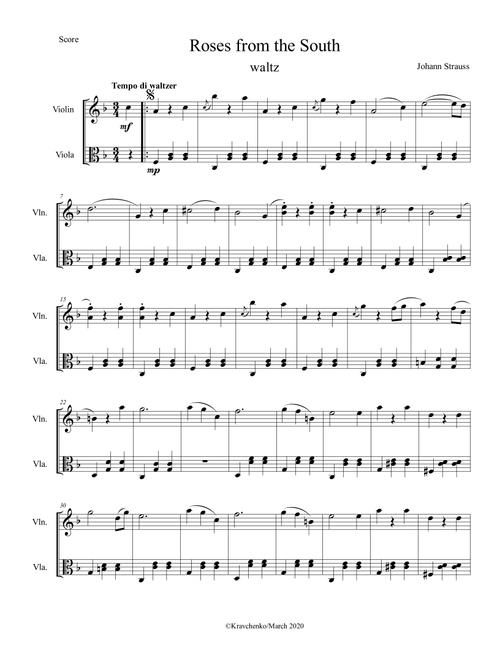 Johann Strauss II - Roses from the South Waltz for string duo (Arr. Julia Samarska) (Instrumental Duet)
