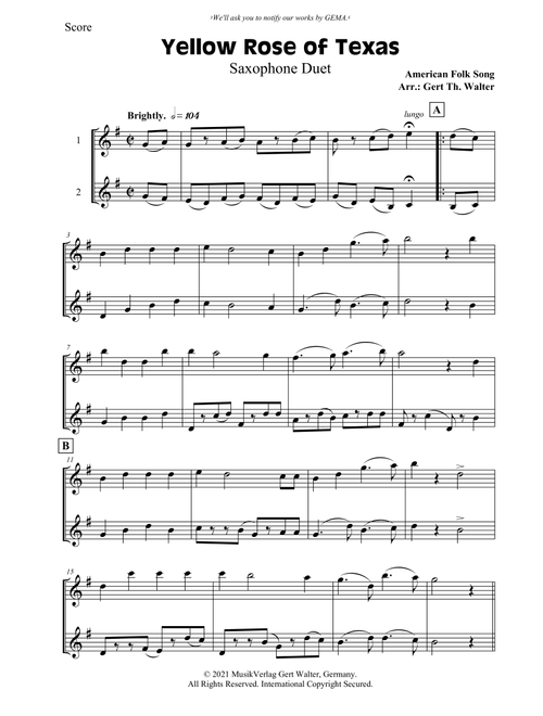 Yellow Rose of Texas (Arr. Gert Th. Walter) - American Folk Song (Alto Saxophone Duet)