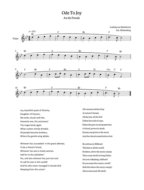Beethoven - Ode To Joy for voice with chords in Bb (Lyrics in English) (Arr. Heisenberg) (Lead Sheet - Fake Book)