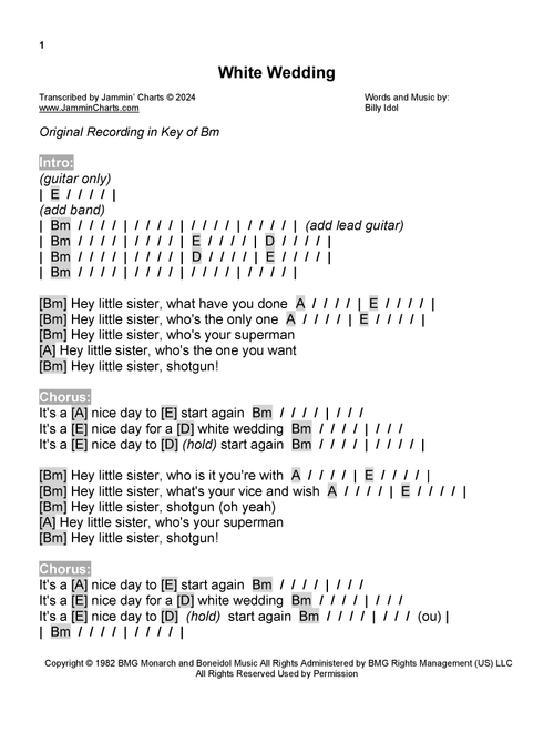White Wedding (Arr. Jammin' Charts) - Billy Idol (Guitar Chords-Lyrics)