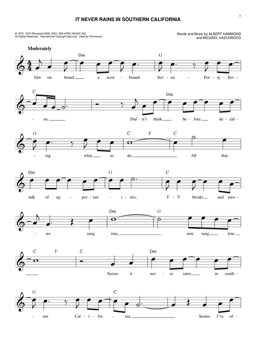 It Never Rains In Southern California - Albert Hammond (Easy Lead Sheet - Fake Book)