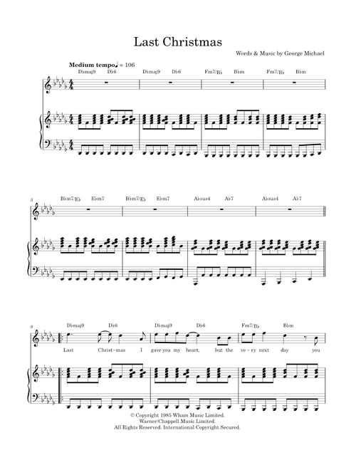 Last Christmas - Wham! (Piano-Vocal-Guitar (Piano Accompaniment))