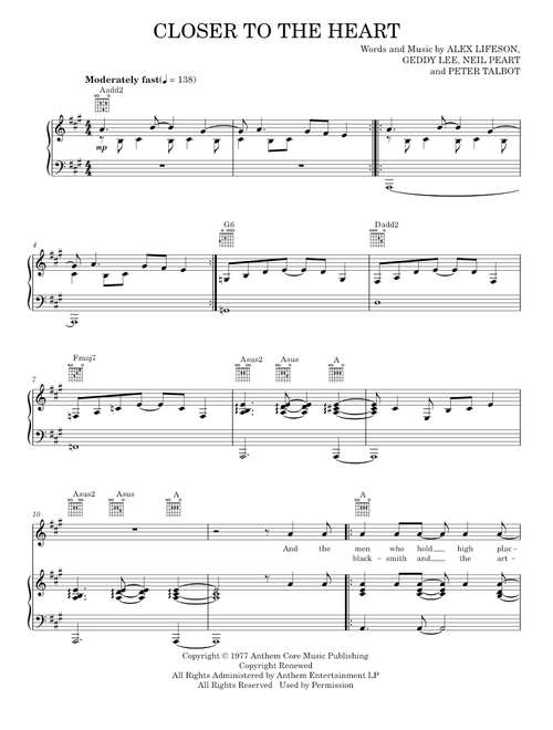 Closer to the heart - Rush (Piano-Vocal-Guitar)