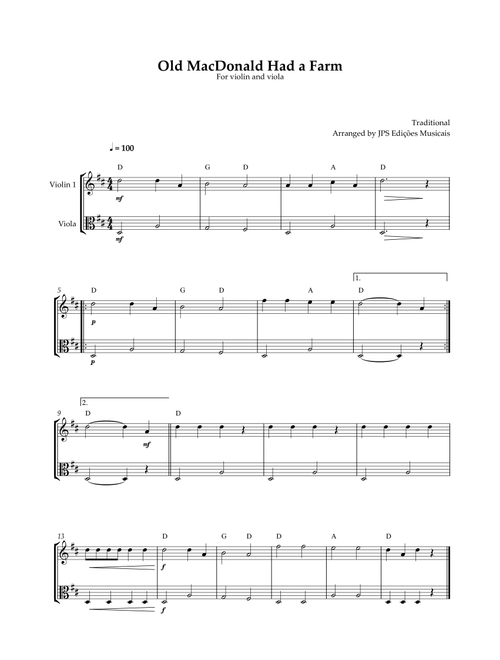 Old MacDonald Had A Farm - Violin Duo - Easy in D Major (Arr. JPS Edições Musicais) - Thomas D'Urfey (Instrumental Duet)
