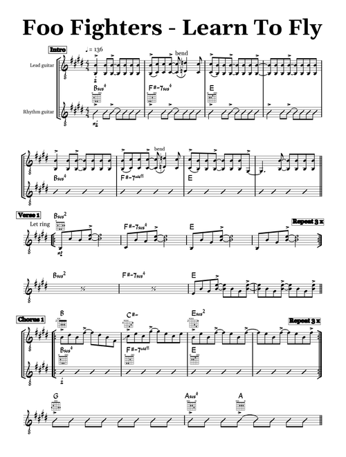 Learn To Fly – Foo Fighters (guitar chord chart)