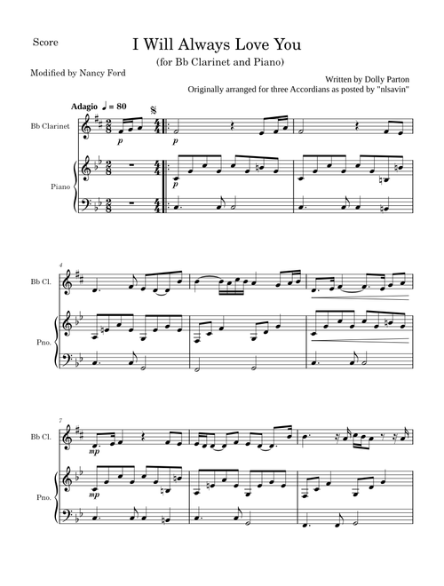 I Will Always Love You - Dolly Parton (Bb Clarinet and Piano)