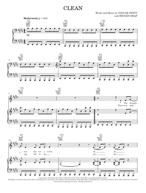 Clean - Taylor Swift (Piano-Vocal-Guitar)