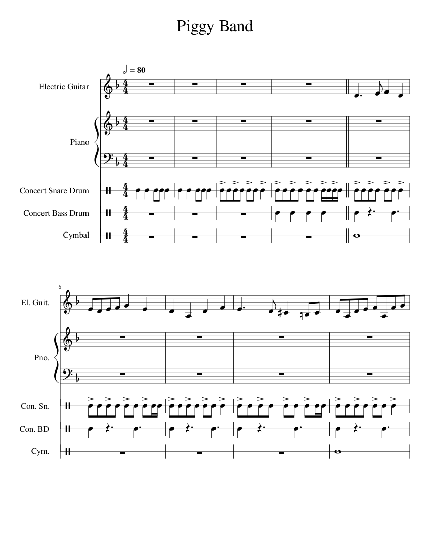 Piggyback Instrument Piggy Band - Song 5 Sheet Music for Piano, Snare drum, Crash, Guitar ...