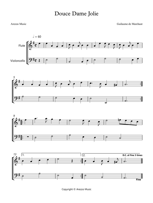 Douce Dame Jolie - Flute and Cello Arrangement (Arr. Arezzo Music) - Guillaume de Machaut (Instrumental Duet)