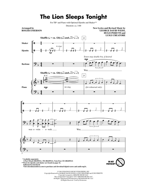 The Lion Sleeps Tonight (Arr. Roger Emerson) - Hugo Peretti, Luigi Creatore, George David Weiss (Choral, TB)