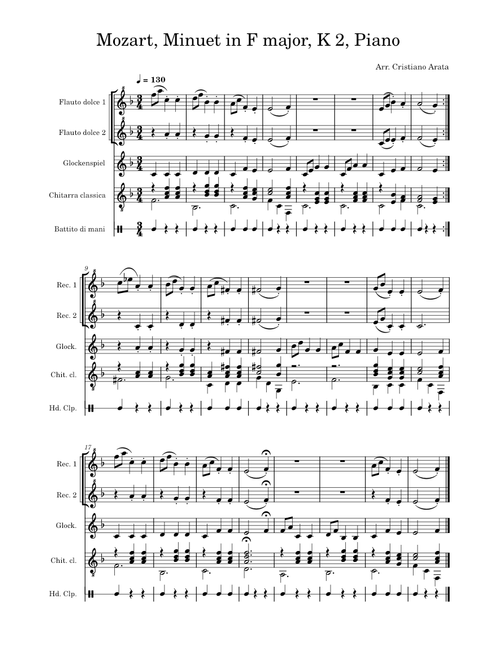 Mozart, Minuet in F major, K 2, classroom ensemble