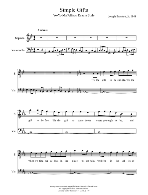 Simple Gifts duet for Soprano & Cello