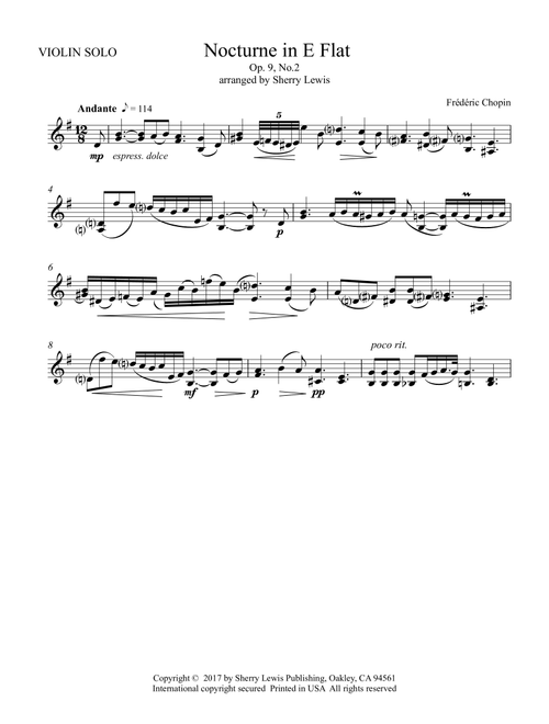 NOCTURNE Op.9 No.2, Solo Violin Intermediate Level for a violin solo (Arr. Sherry Lewis) - Frédéric Chopin (Violin Solo)
