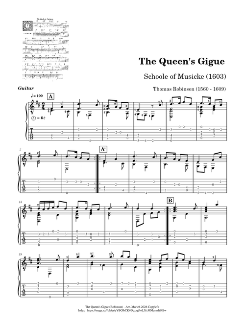 The Queen's Gigue – Thomas Robinson (1560 - 1609) - Tab