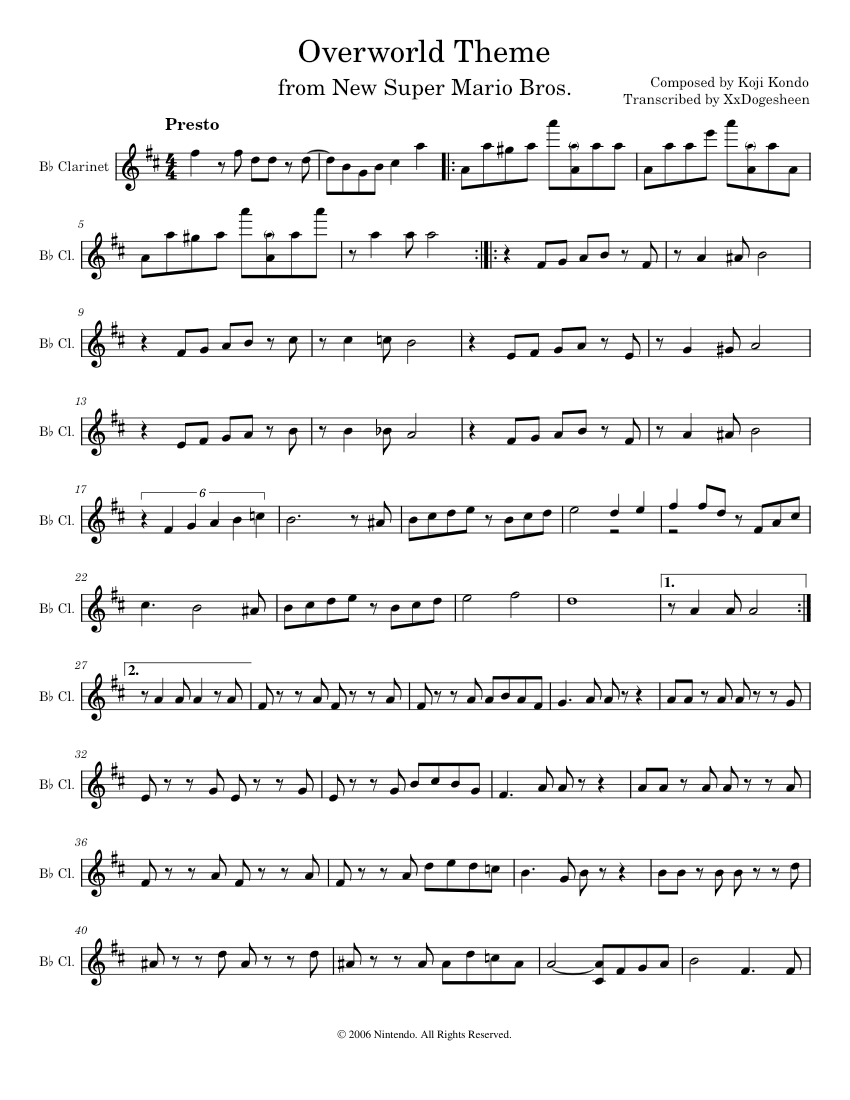 New Super Mario Bros. - Overworld Theme - Clarinet Sheet Music for ...