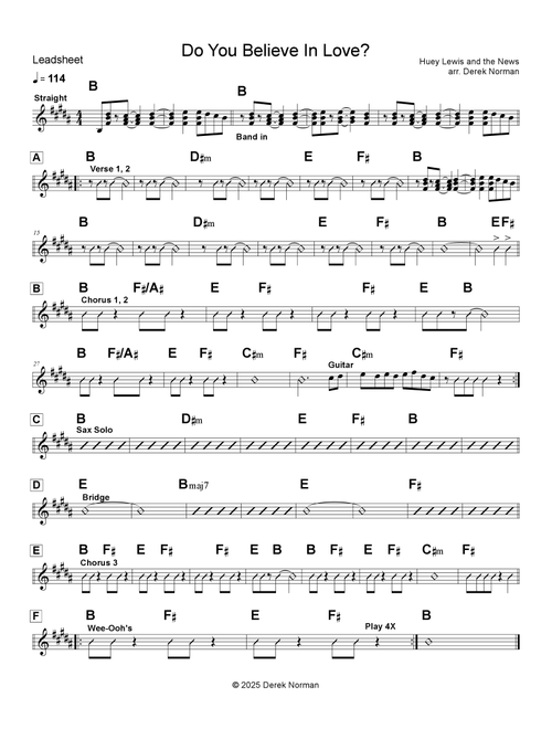Do You Believe In Love (Arr. Derek Norman) - Huey Lewis & The News (Lead Sheet - Fake Book)