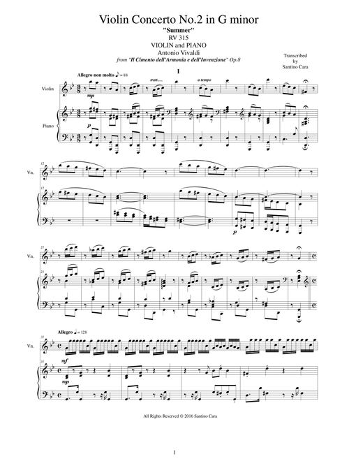 Vivaldi - Concerto No.2 in G minor Op.8 Summer RV 315 for Violin and Piano (Arr. Santino Cara) - Vivaldi Antonio (Violin and Piano)