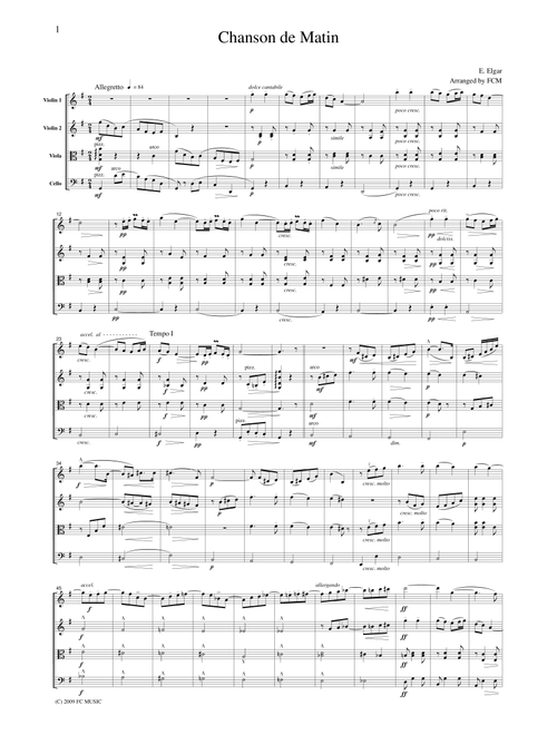 Elgar Chanson de Matin, for string quartet, CE003 (Arr. FCMUSIC) (String Quartet)